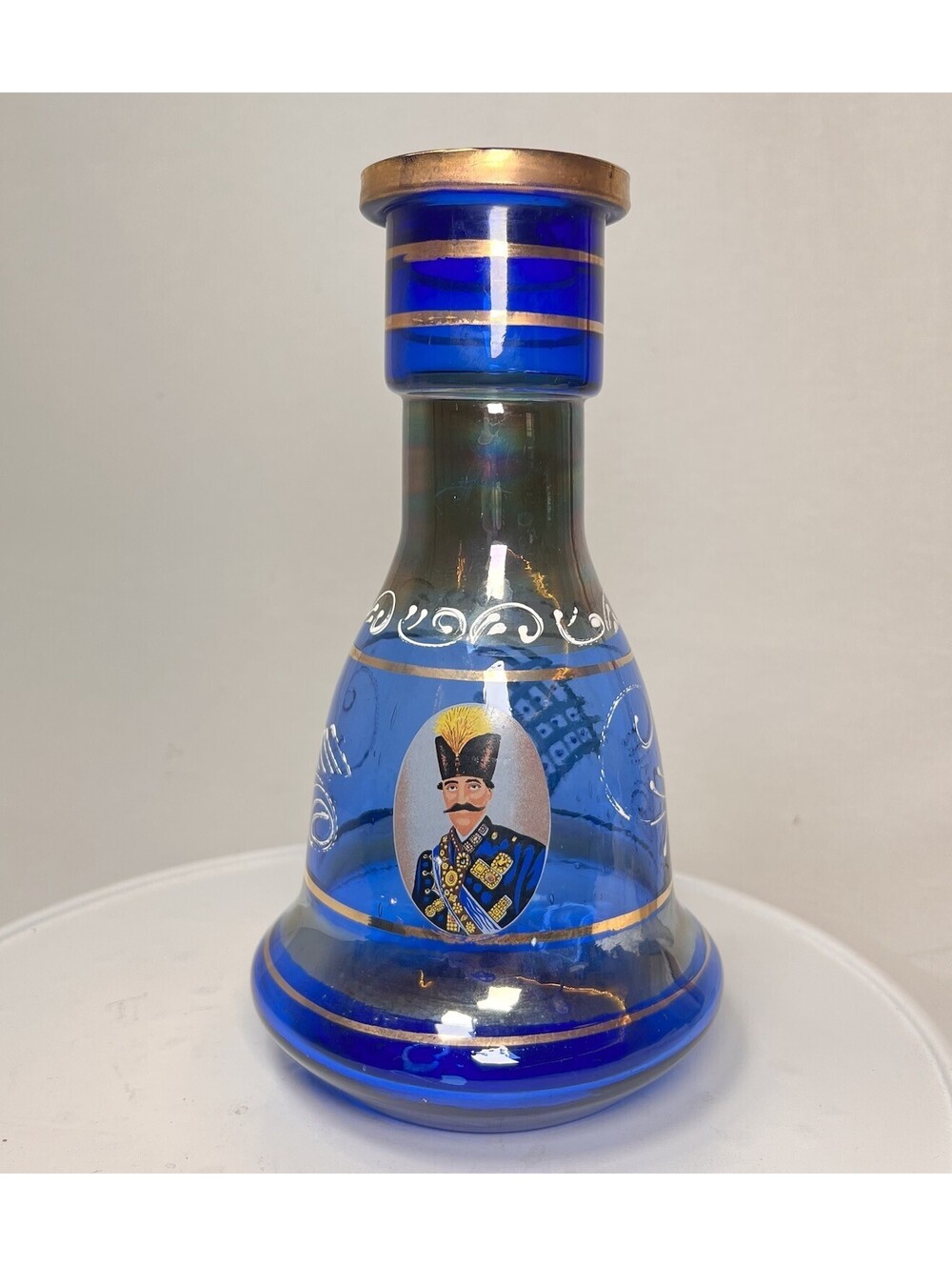 Antique Persian Cobalt Blue W/ Gold Portrait Decanter Art Glass Royal 10 in.